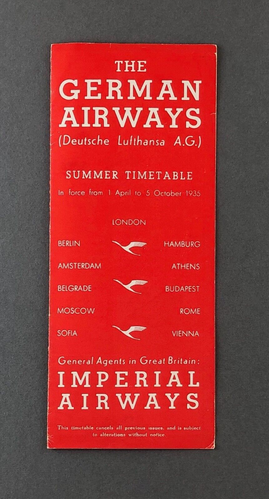 DEUTSCHE LUFTHANSA EUROPEAN TIMETABLE SUMMER 1935 IMPERIAL AIRWAYS 