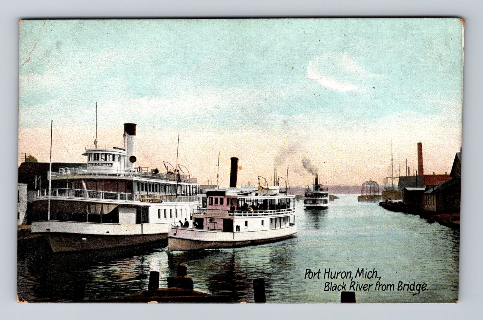 Port Huron MI-Michigan, Black River From Bridge, Antique, Vintage Postcard