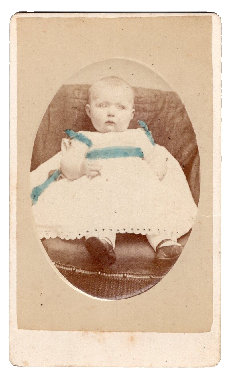 PROVIDENCE R. I. 1870s BABY TINTED RIBBON GOWN SOFT SOLE SHOES OVAL MASKED CDV