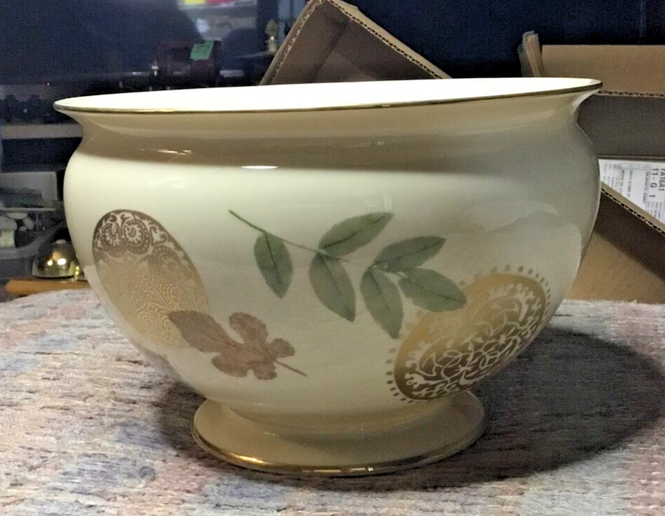 Vintage Lenox Nature’s Impressions Burnished Leaves Pedestal Bowl W/ Gold Trim 