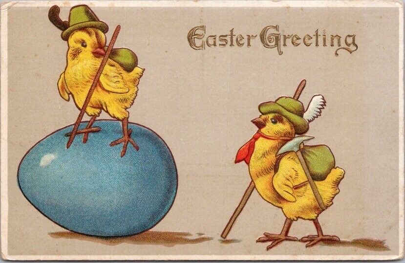 1910s EASTER Embossed Postcard Baby Chicks Mountain Climbing on Big Egg - UNUSED
