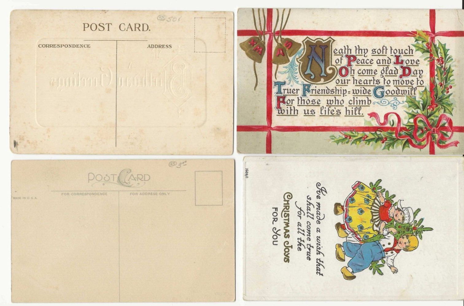 Four vintage greeting post cards, 2 used with stamps attached dated 1911 & 1918