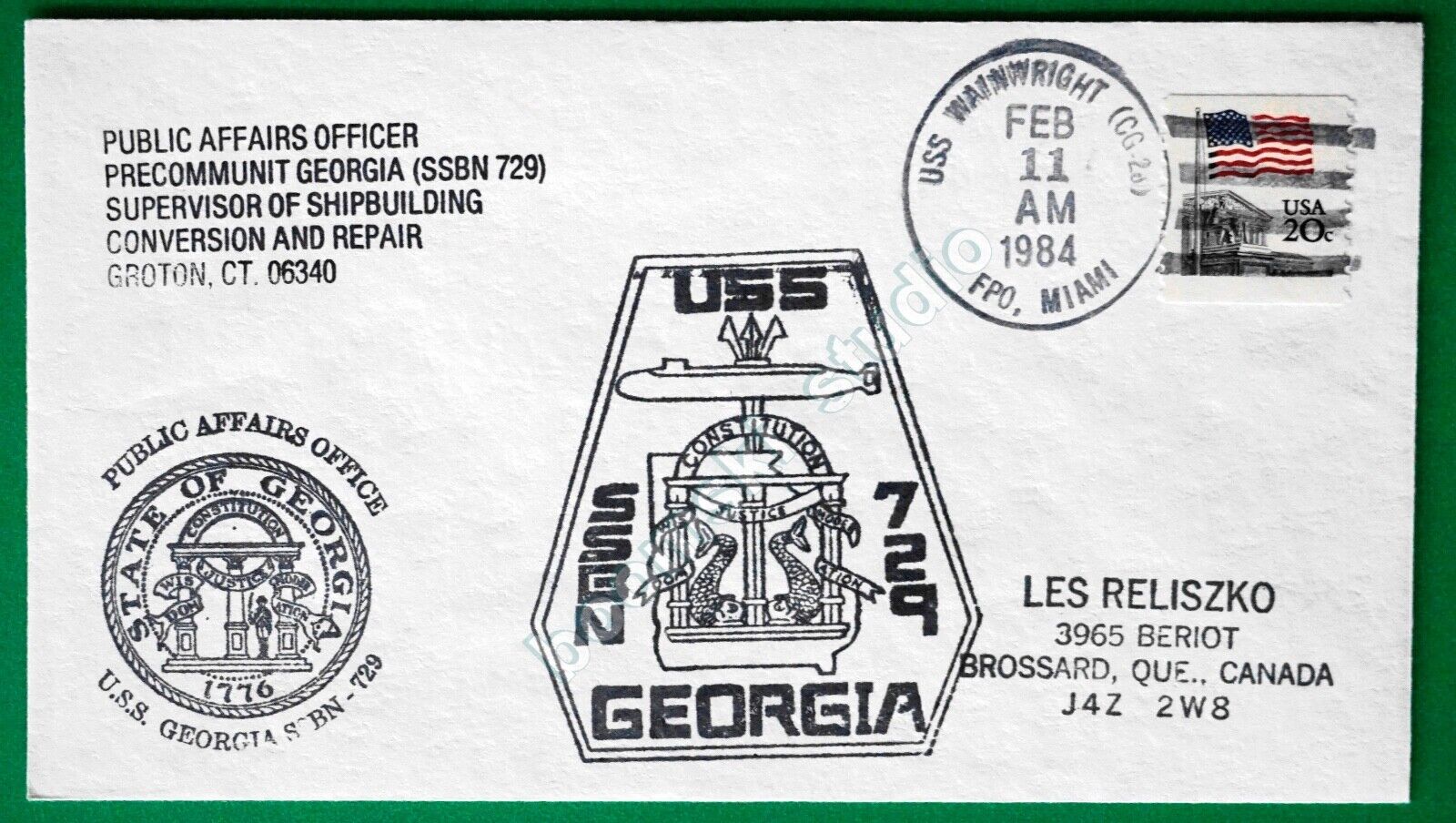 USS GEORGIA SSBN-729 Commissioning cover dated 1984 (CAN-129)