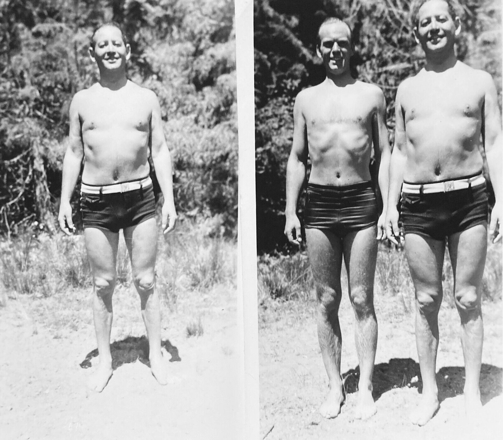 Lot of 2 Vintage Photos Two Shirtless Men Bathing Suit Trunks Gay Interest