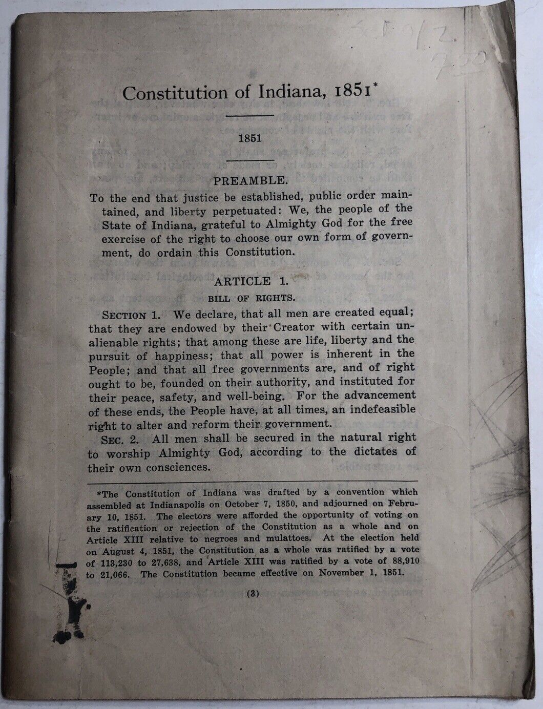 Constitution Of Indiana 1851 Booklet Printed 1920