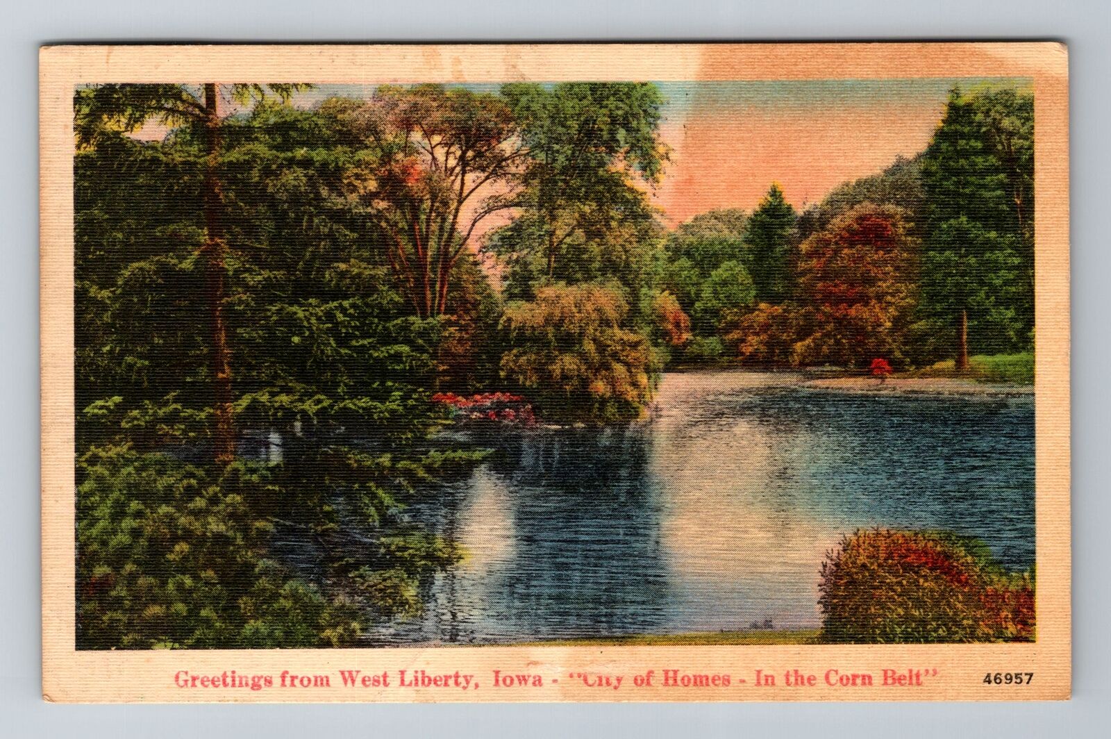 West Liberty IA-Iowa, Greetings, Country Lake, c1950 Antique Vintage Postcard