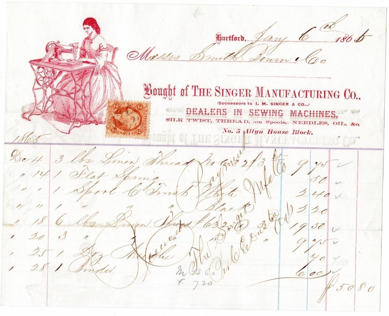 Singer Sewing Machine Co 1866 Pictorial Billhead Hartford,CT~Civil War Tax Stamp
