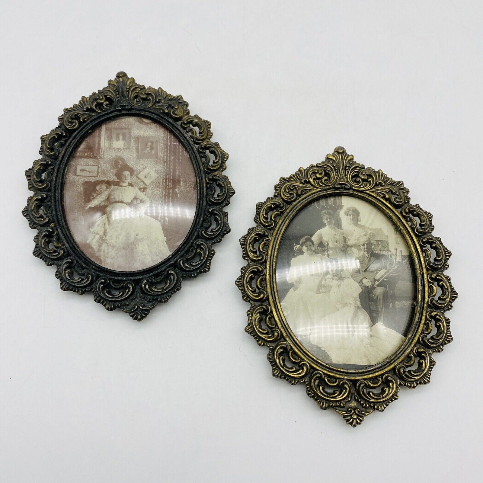 Set Of 2 Antique Metal Photo Frames With Family Photos