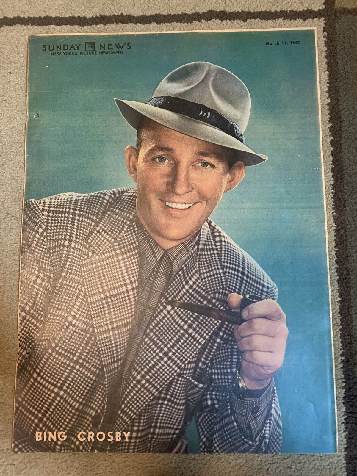 BING CROSBY ICONIC original color portrait SUNDAY NEWS 3/11/45 OLD HOLLYWOOD