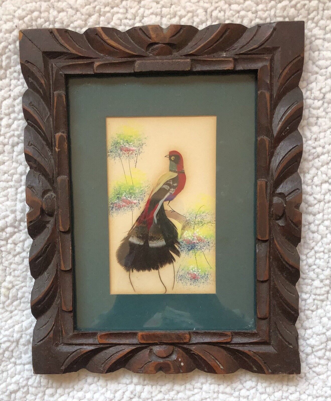 1950s Mexican Feathercraft Folk Art Bird in Hand Carved Wood Frame w/ Watercolor
