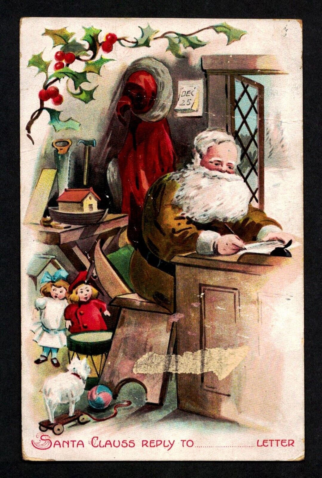 3603 Antique Vintage Christmas Postcard Santa Brown Suit Writing Letter Workshop