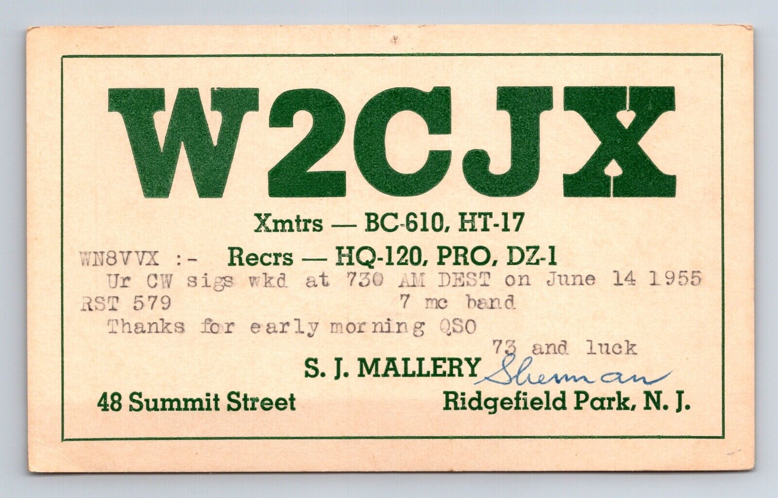 Vintage Ham Radio Amateur QSL QSO Postcard W2CJX Ridgefield Park New Jersey 1955