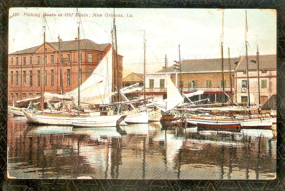Fishing Boats Old Basin 1910 Postcard New Orleans Made In Germany