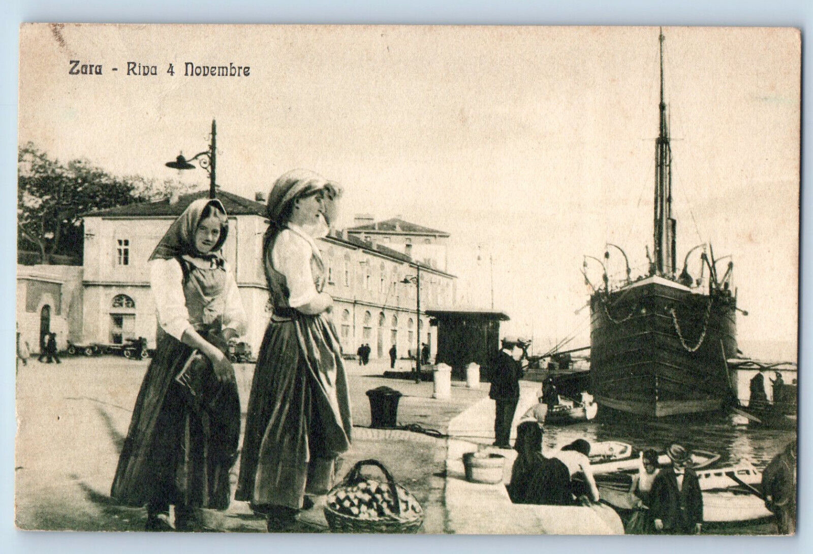 Zara Italy Postcard Riva 4 November Two Ladies Big Boat c1910 Antique Unposted