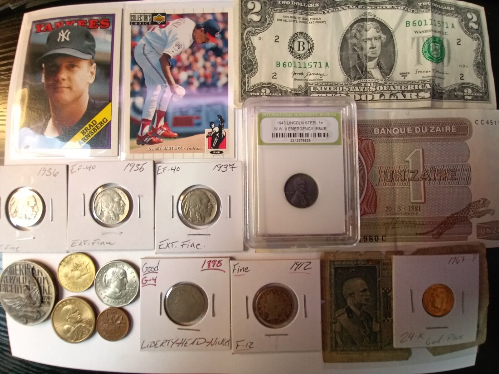 junk drawer lot coins & Vintage Baseball Cards Tokens Bills etc.