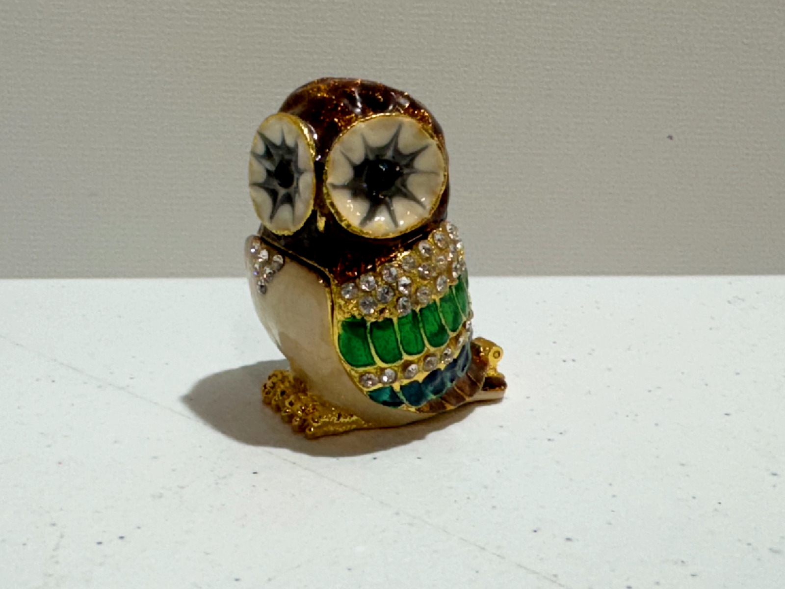 Owl Enamel Trinket Box Embellished With Crystals Brown Green Blue