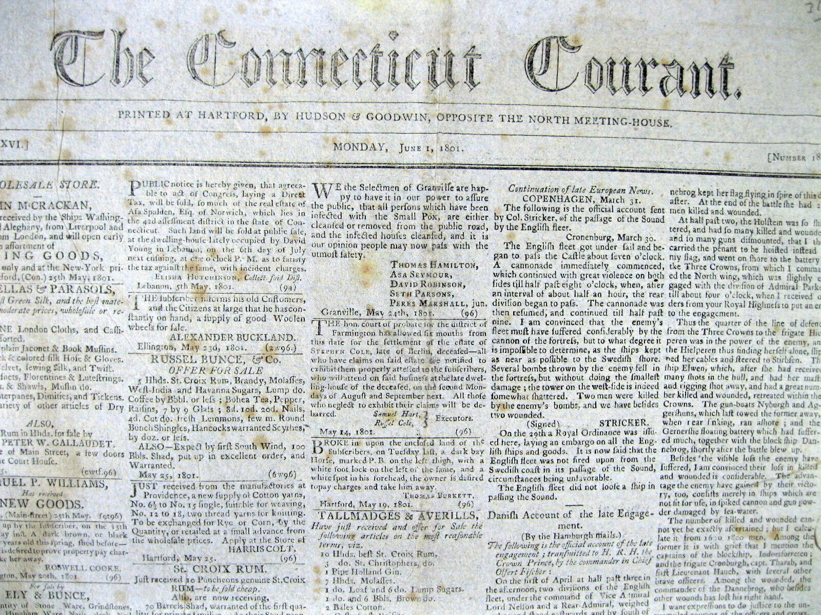 1801 newspaper NAVAL BATTLE of COPENHAGEN Denmark NAPOLEONIC WARS Admiral Nelson