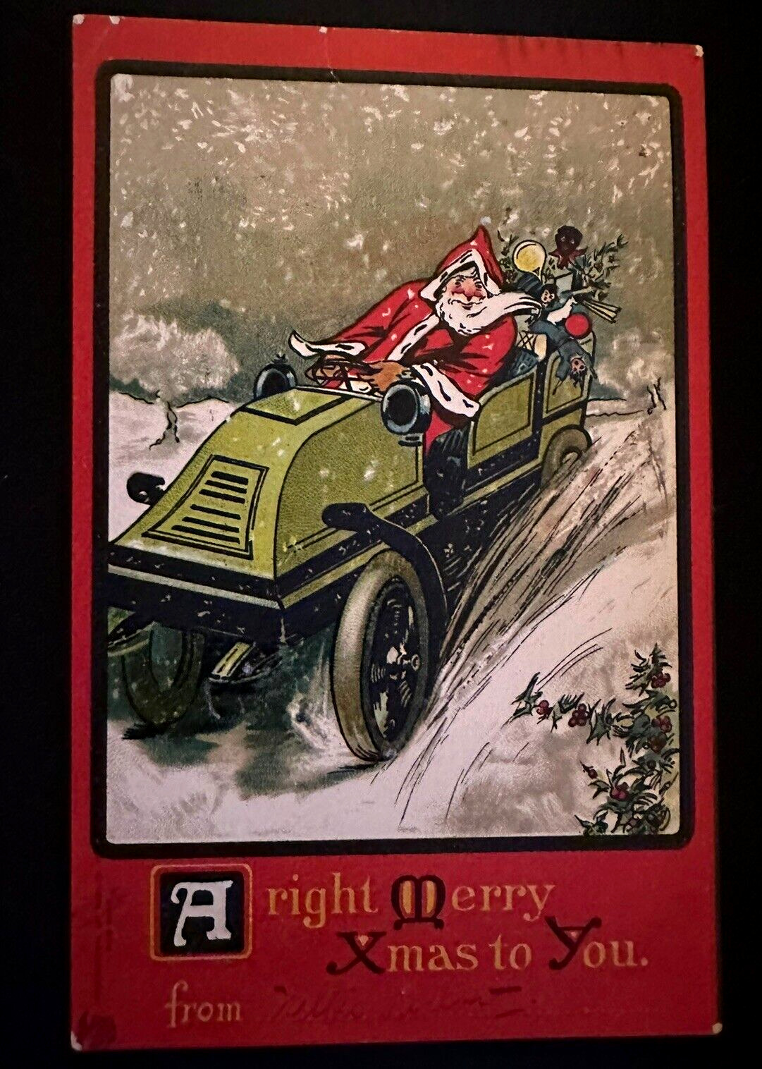 Rare~Santa Claus  in Green Car with Toys~Snow~Antique~Christmas Postcard-k629