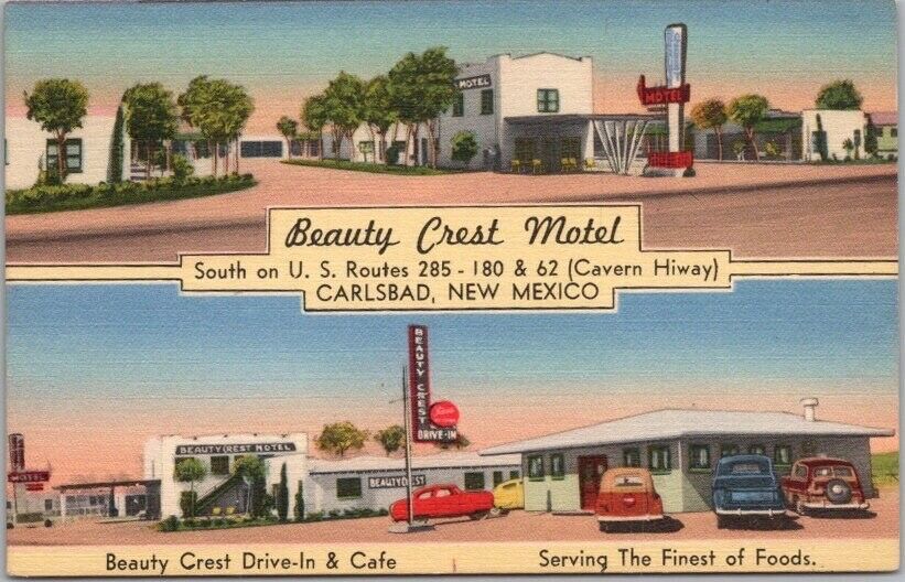 CARLSBAD New Mexico Postcard BEAUTY CREST MOTEL Highway 62 Roadside LINEN Unused