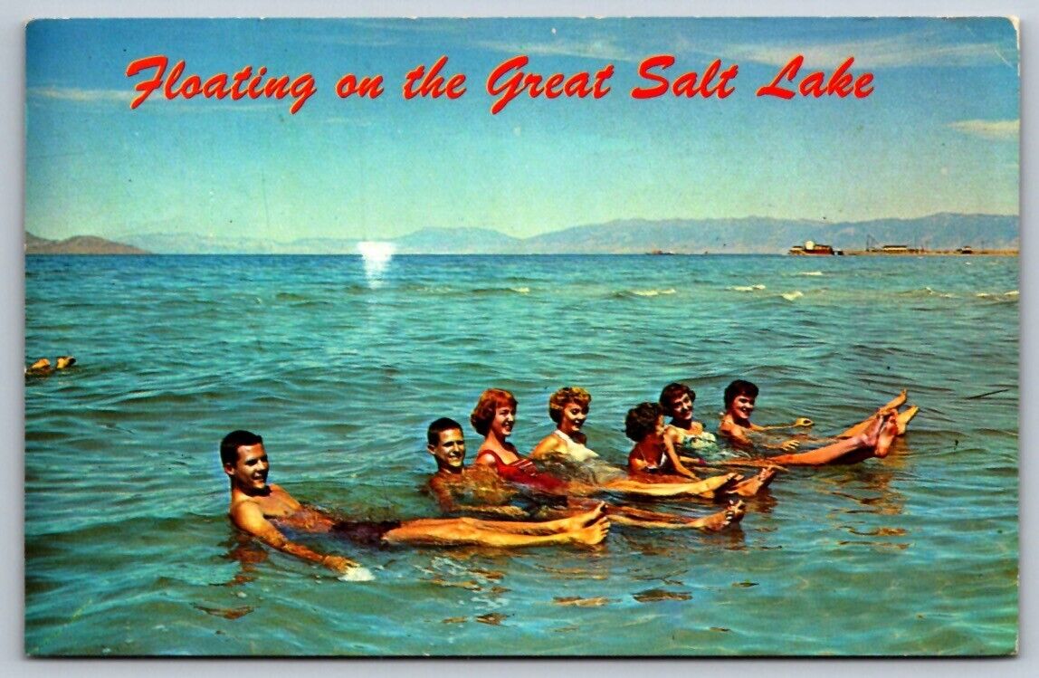 Postcard Chrome Great Salt Lake Utah People Swimming