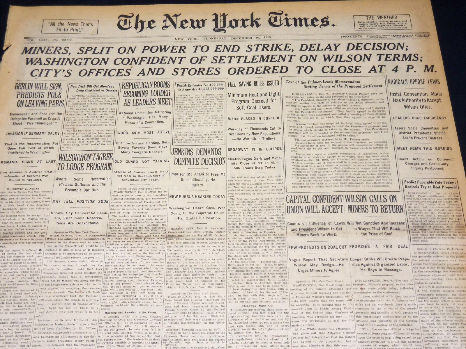 1919 DECEMBER 10 NEW YORK TIMES - MINERS DELAY DECISION TO END STRIKE - NT 7951