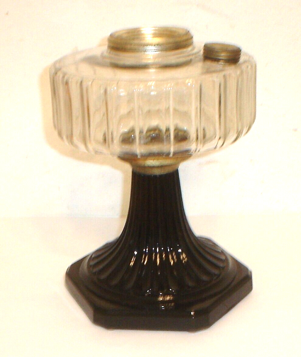 Vintage 1930\'s Aladdin Corinthian Clear & Black Glass Oil Lamp Font / Base Nice