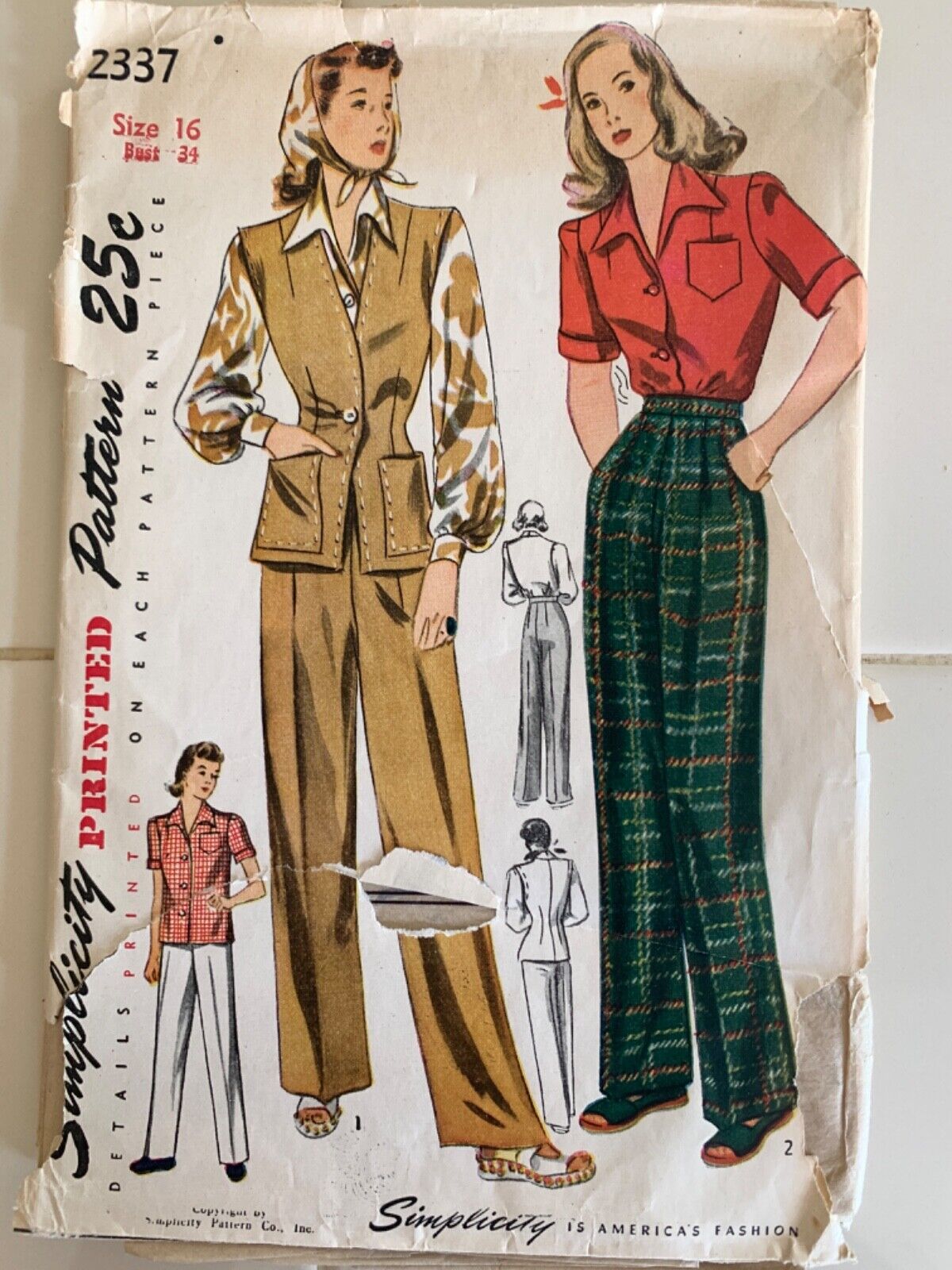 Vintage 1940s-50s Simplicity 2337 Size 16, Bust 34 Slacks and Jerkin