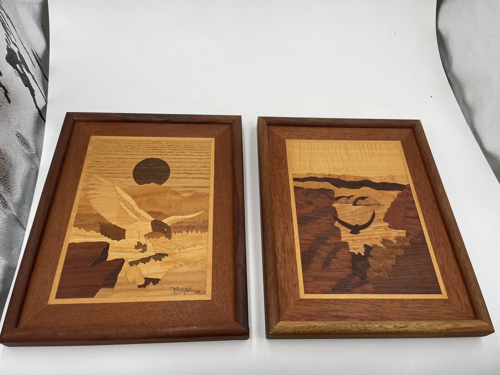 Vintage 1980\'s Wood Inlay Marquetry Handcrafted Pictures eagles lot of 2