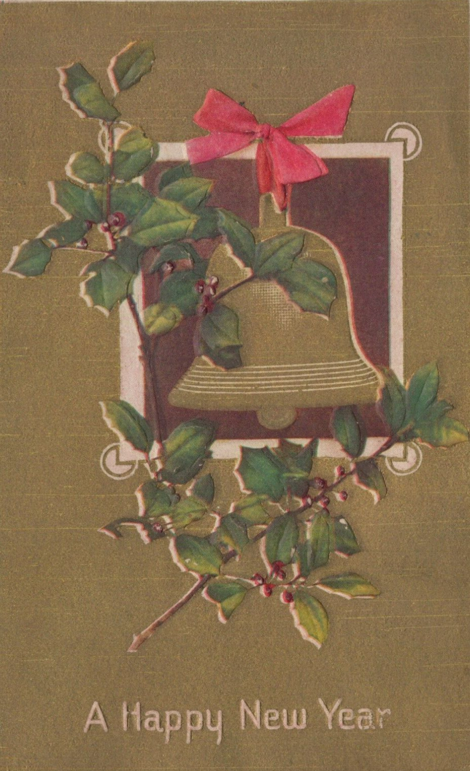 A Happy New Year Mistletoe & Bell Embossed Divided Back Vintage Post Card