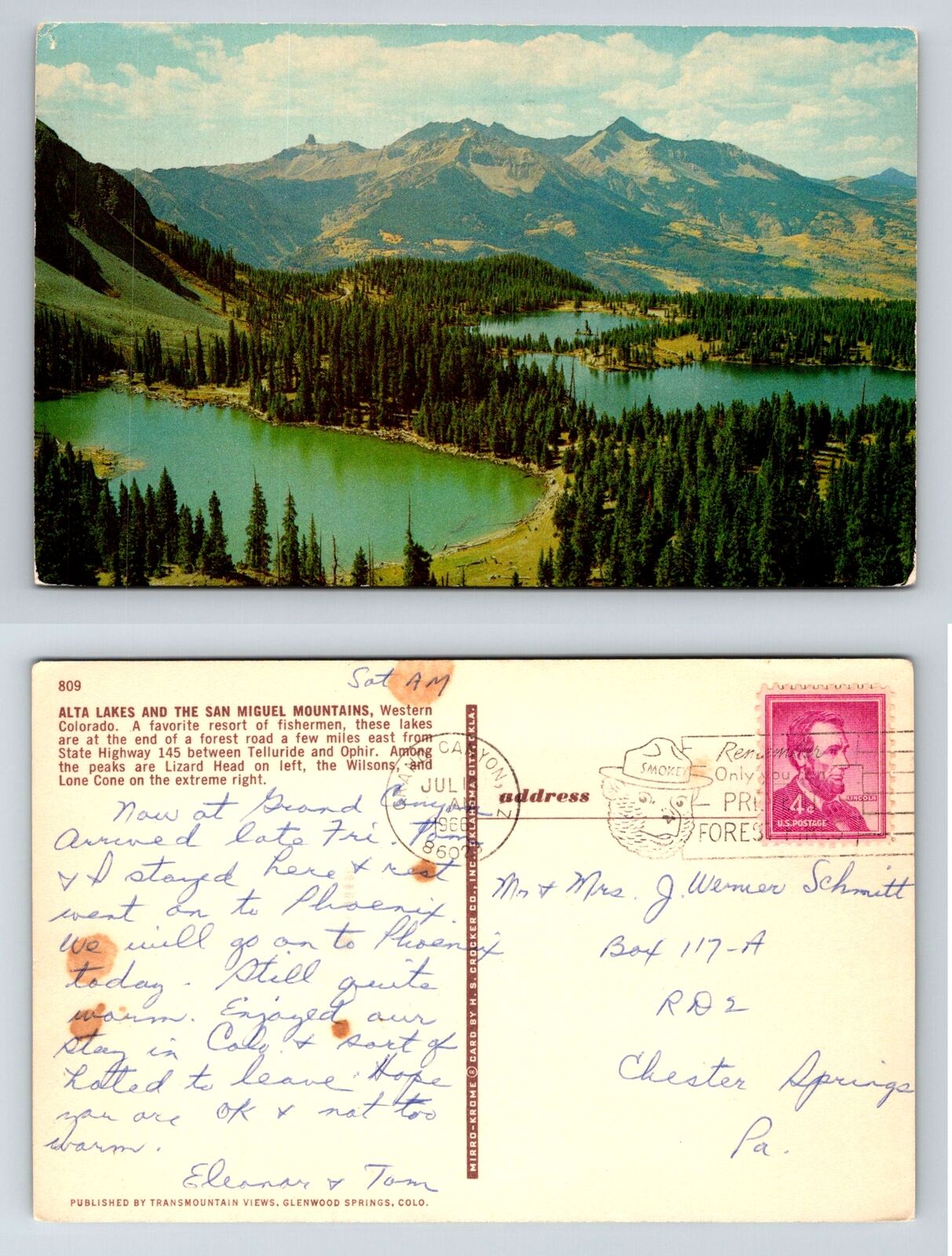 Alta Lakes San Miguel Mountains CO Postcard 1966 Chrome Crocker Smokey Bear