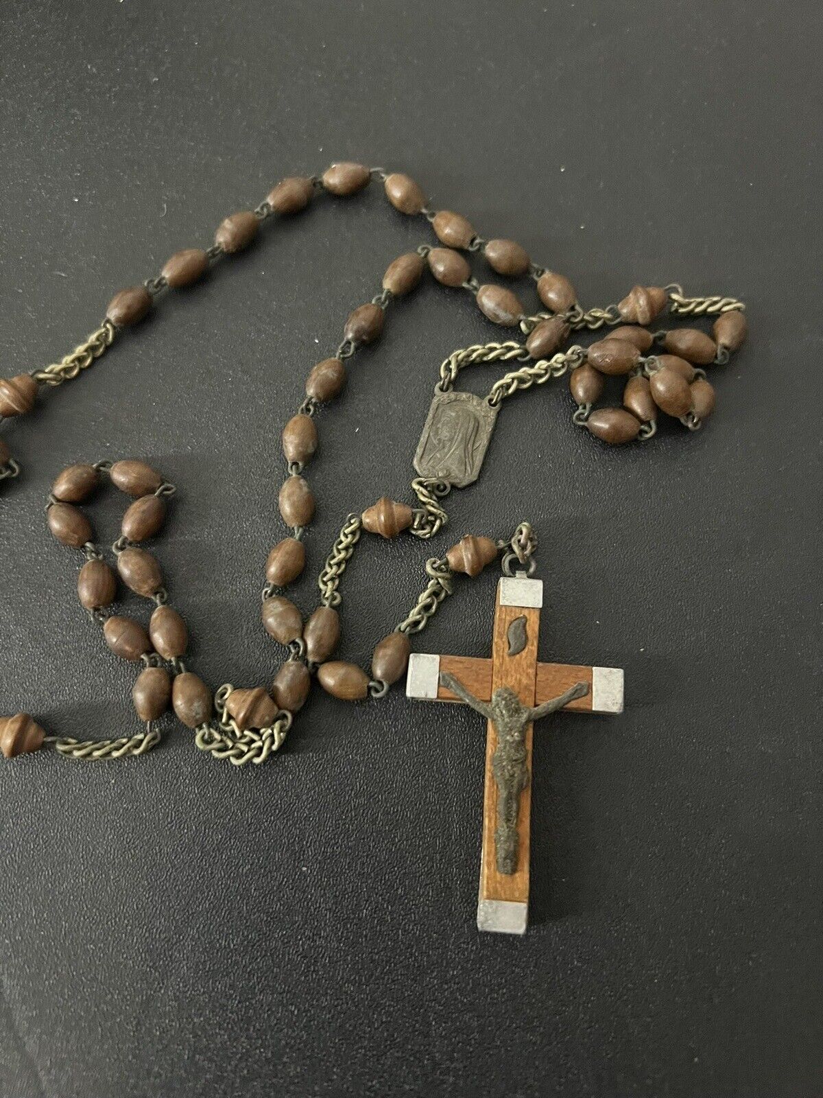 Antique French Catholic Rosary Lourdes France w  Insert on Rear Wooden Beads 