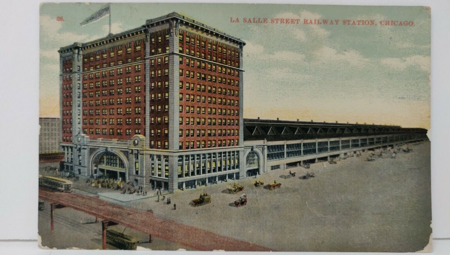 La Salle Street Railway Station Chicago Illinois Postcard Early 1900\'s Flag Cars