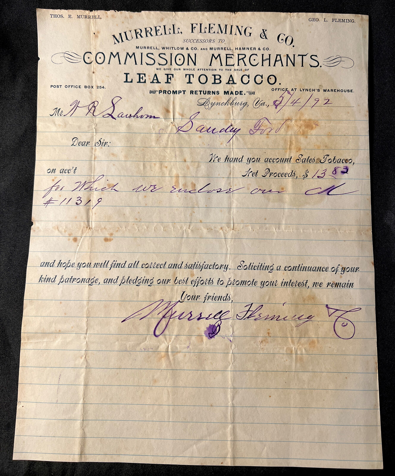 antique 1892 LYNCHBURG Virginia MURRELL FLEMING & Co LEAF TOBACCO Letter