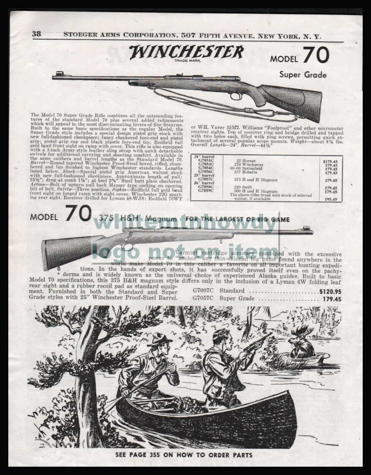 1953 WINCHESTER Model 70 Super Grade and .375 H&H Magnum Rifle PRINT AD