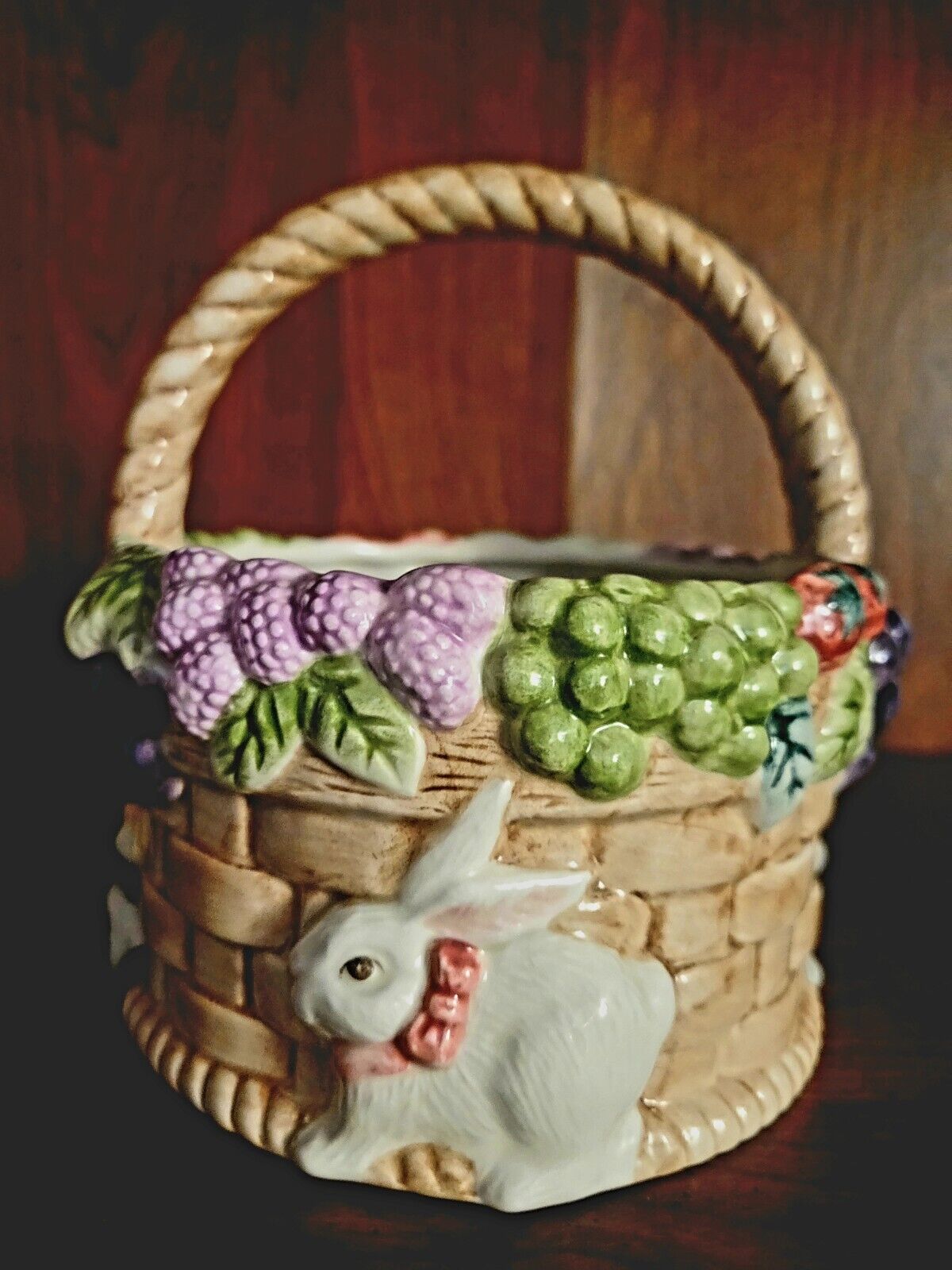 Fitz and Floyd 1995 Basket with Bunnies Flowers and Fruit 5x6 Easter Spring Fun