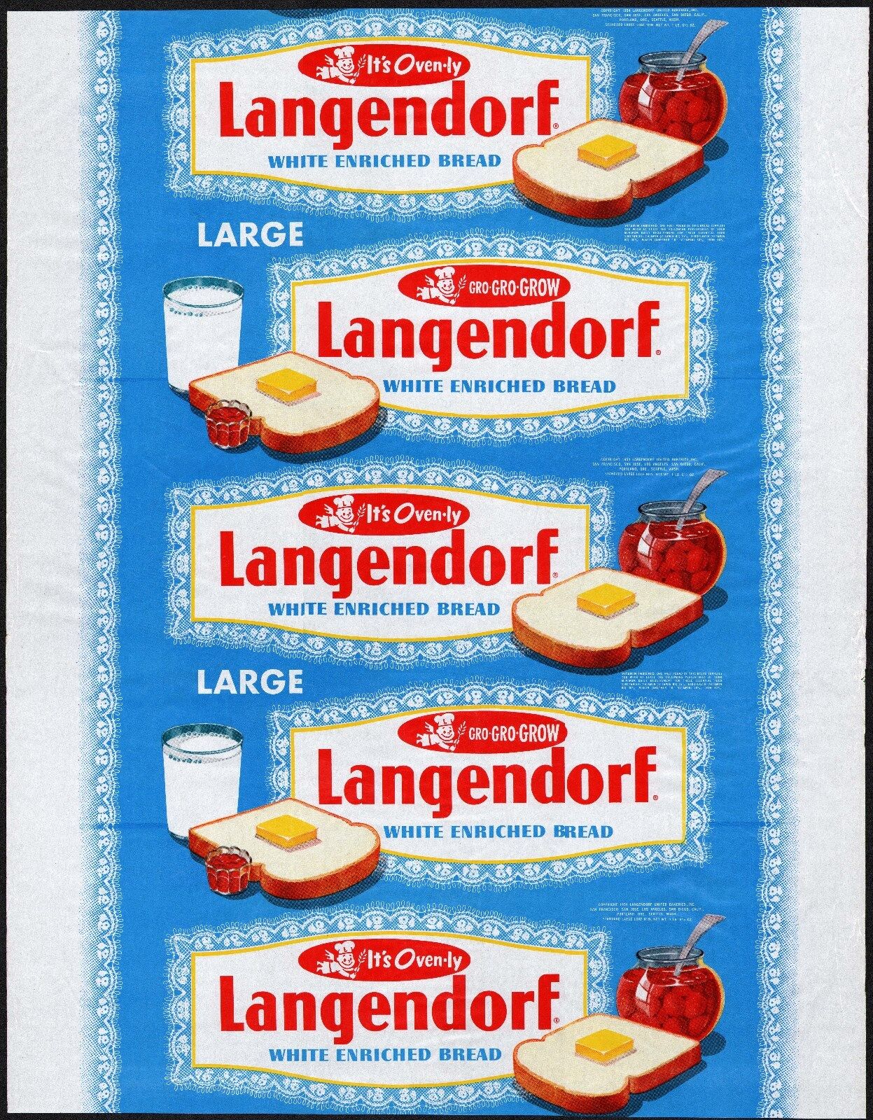 Vintage bread wrapper LANGENDORF dated 1954 California and Oregon new old stock