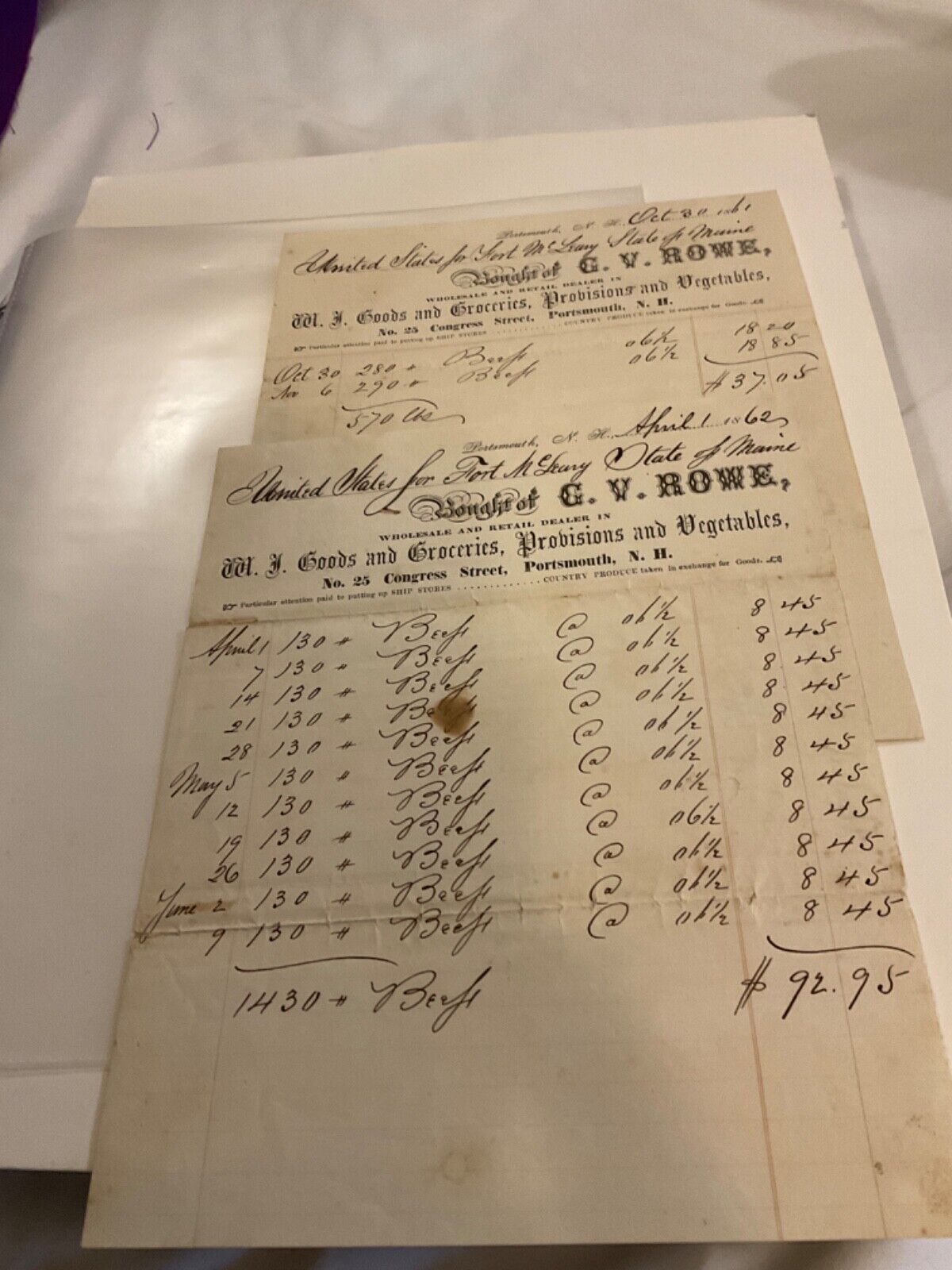 1566 MAINE CIVIL WAR FORT MCCLARY 1862 US ARMY PROVISIONS 2 INVOICES BEEF 2000lb
