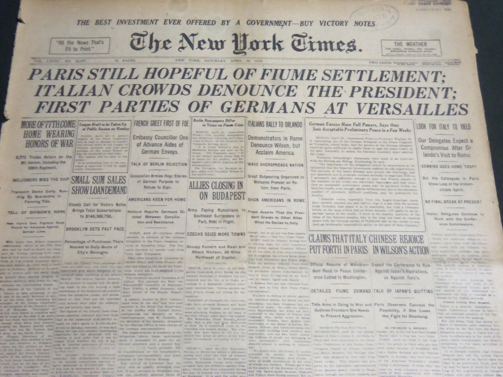 1919 APRIL 26 NEW YORK TIMES - PARIS STILL HOPEFUL OF FIUME SETTLEMENT - NT 6979