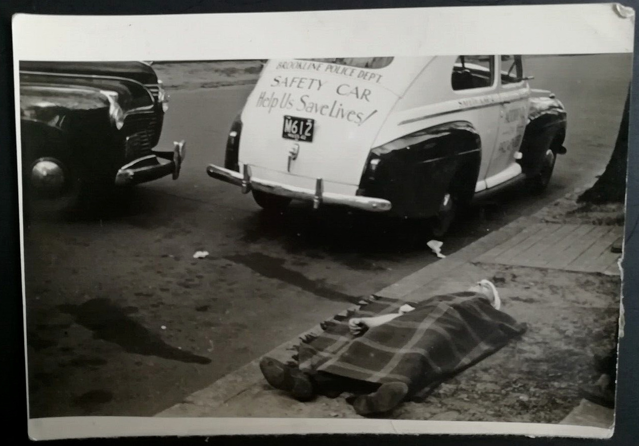 1940s Photo Brookline MA Police Dept Safety Car/ Person Lying on Sidewalk