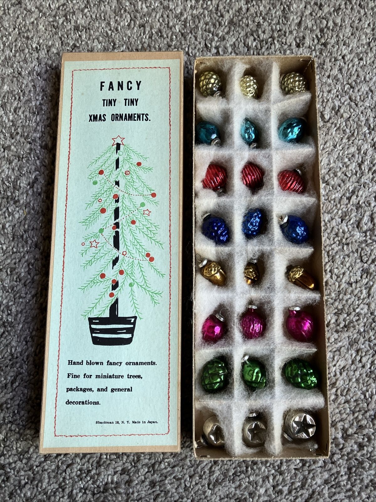 Antique Fancy Tiny Tiny Xmas Ornaments Hand Blown Glass Japan Box Christmas Rare