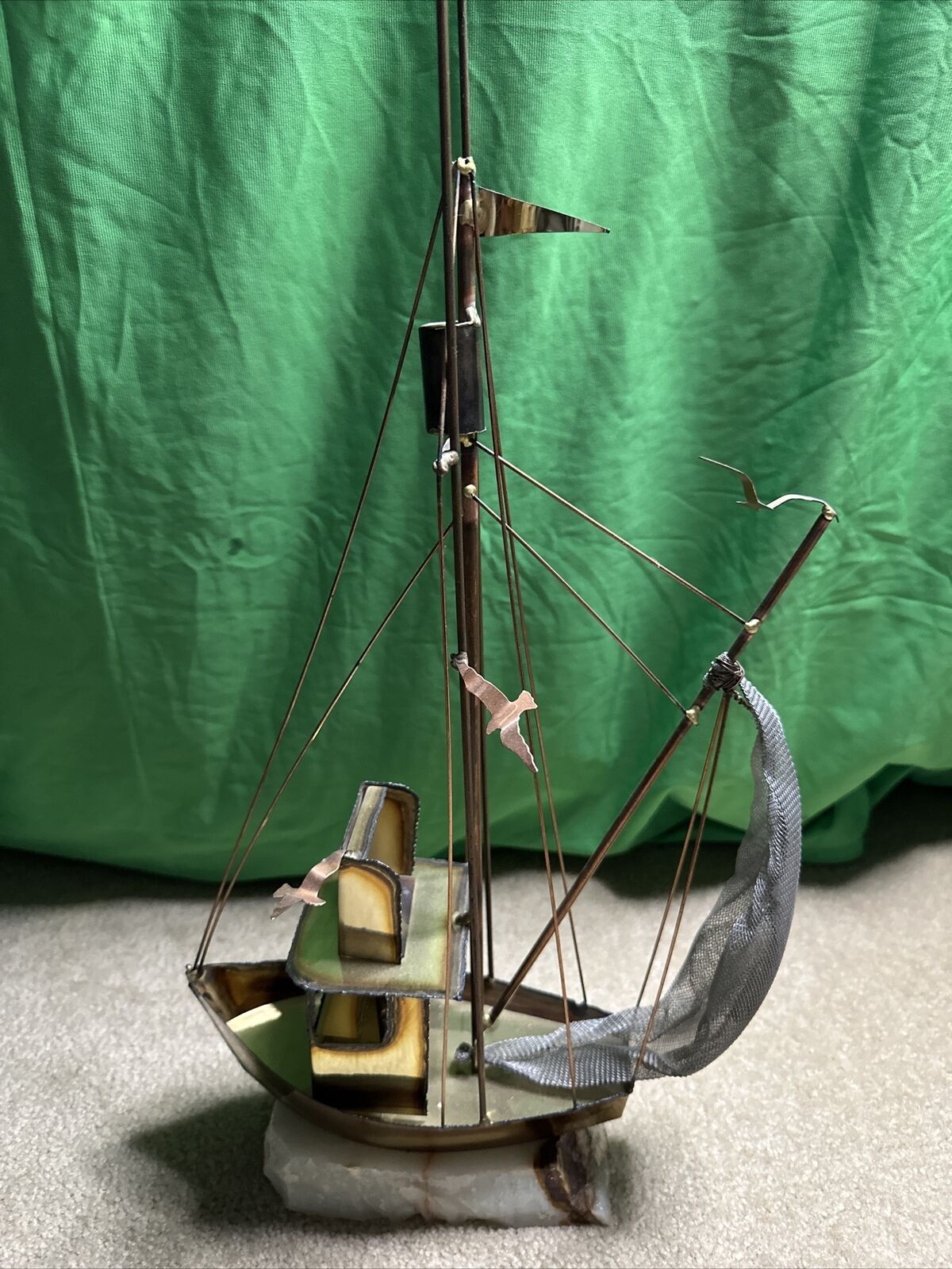 Large Mid Century Modern Brass Marble Sailboat Signed Sculpture Industrial 21”