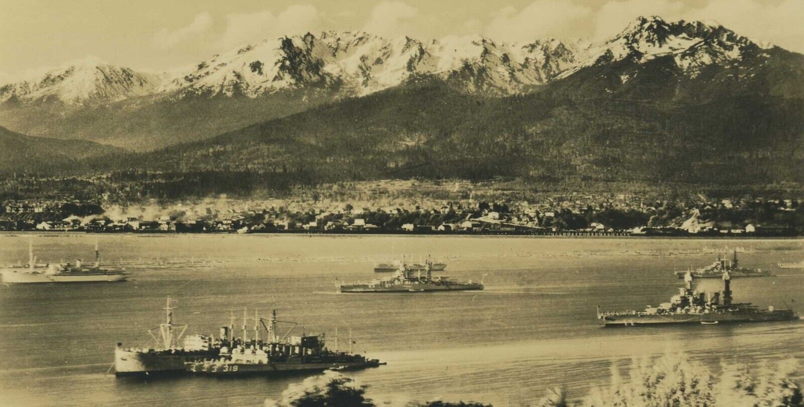 WWII Port Angeles Bay WA Navy Battle Ship Clallam County RPPC Postcard A2