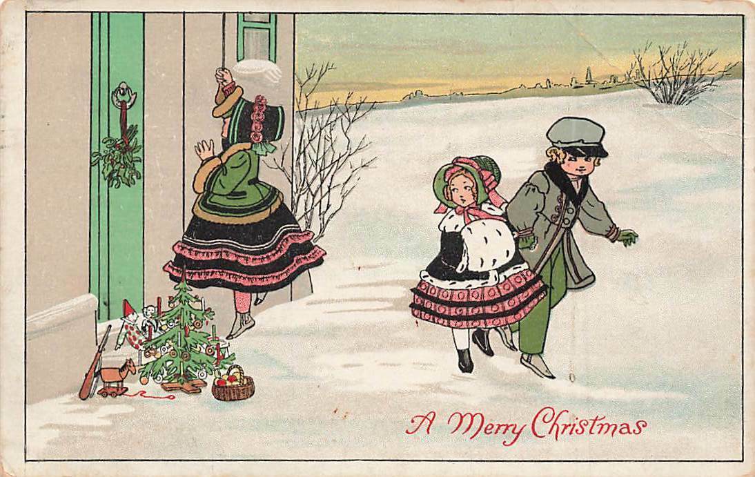 c1910 Girls Boy At Door Snow Toys Christmas Tree P167
