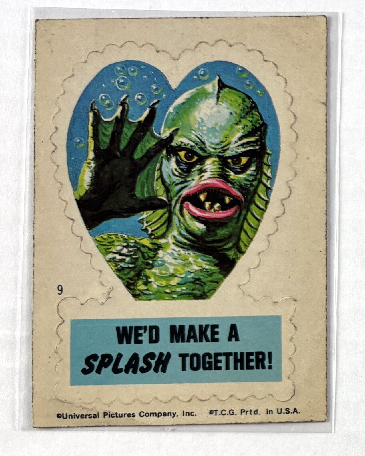 1966 Topps Universal Pictures Monsters Valentines Sticker #9 We\'d Make Splash