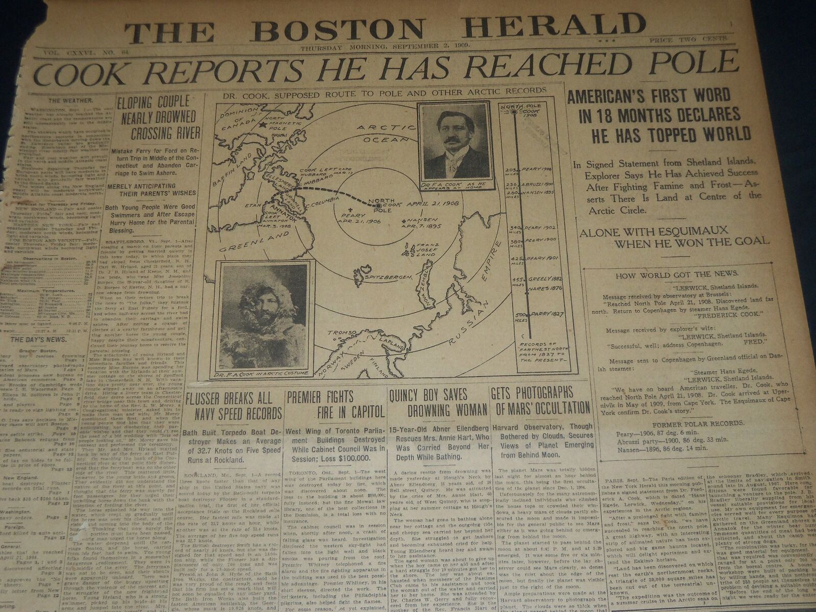 1909 SEPTEMBER 2 THE BOSTON HERALD - COOK REPORTS HE HAS REACHED POLE - BH 209