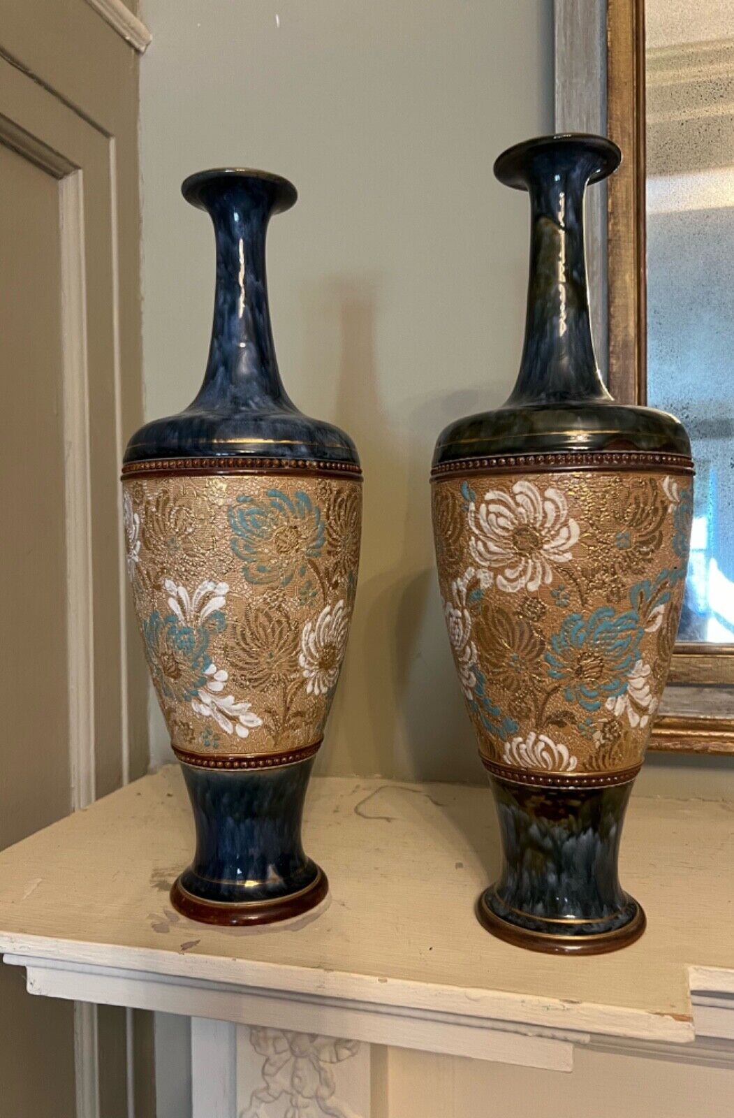 15” Tall Antique Pair Royal Doulton Cobalt Blue Slater Patent Lambeth Vases