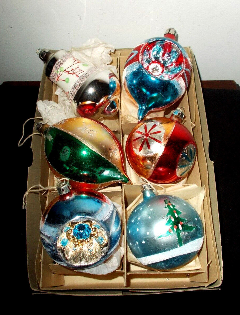 6~VTG MERCURY GLASS CHRISTMAS ORNAMENTS W/MICA MADE IN POLAND W/BOX