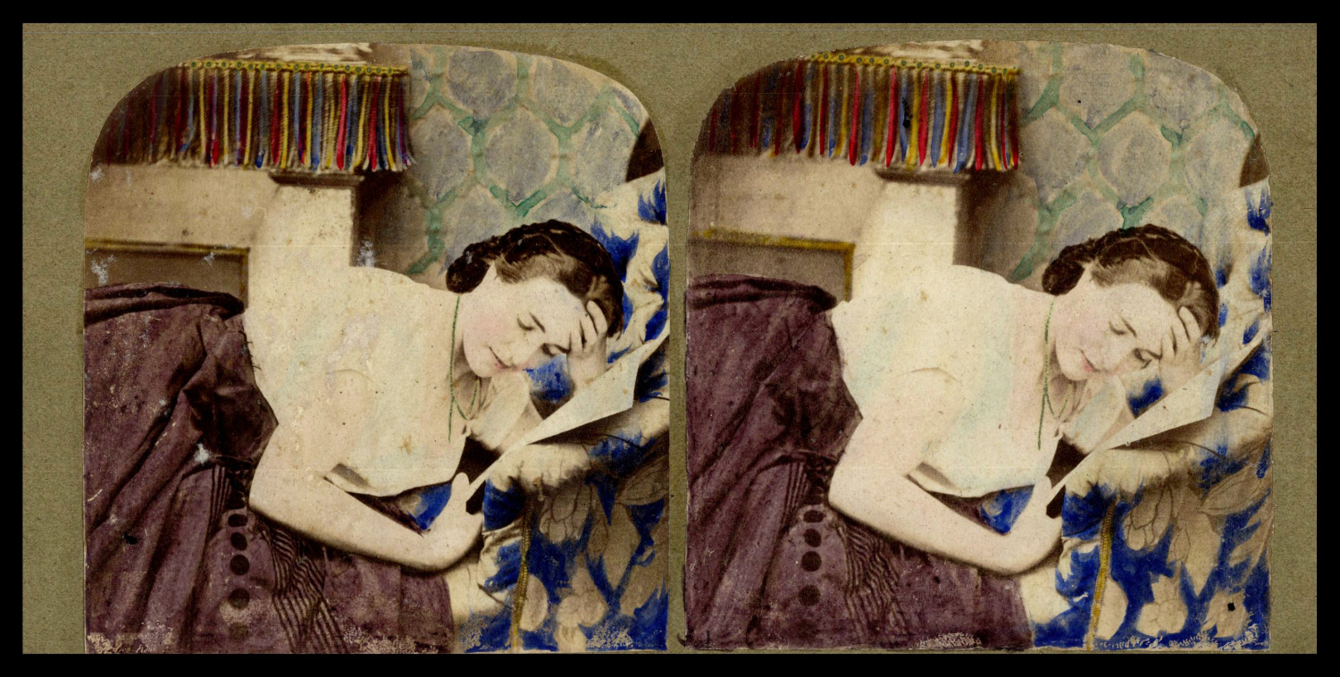 Woman Reading a Newspaper, ca.1880, Stereo Watercolor Vintage Stereo Print, 