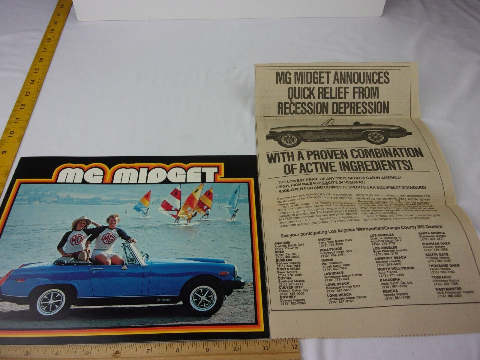 MG Midget 1978 magazine ads clippings car dealership brochure M13 sailboarding