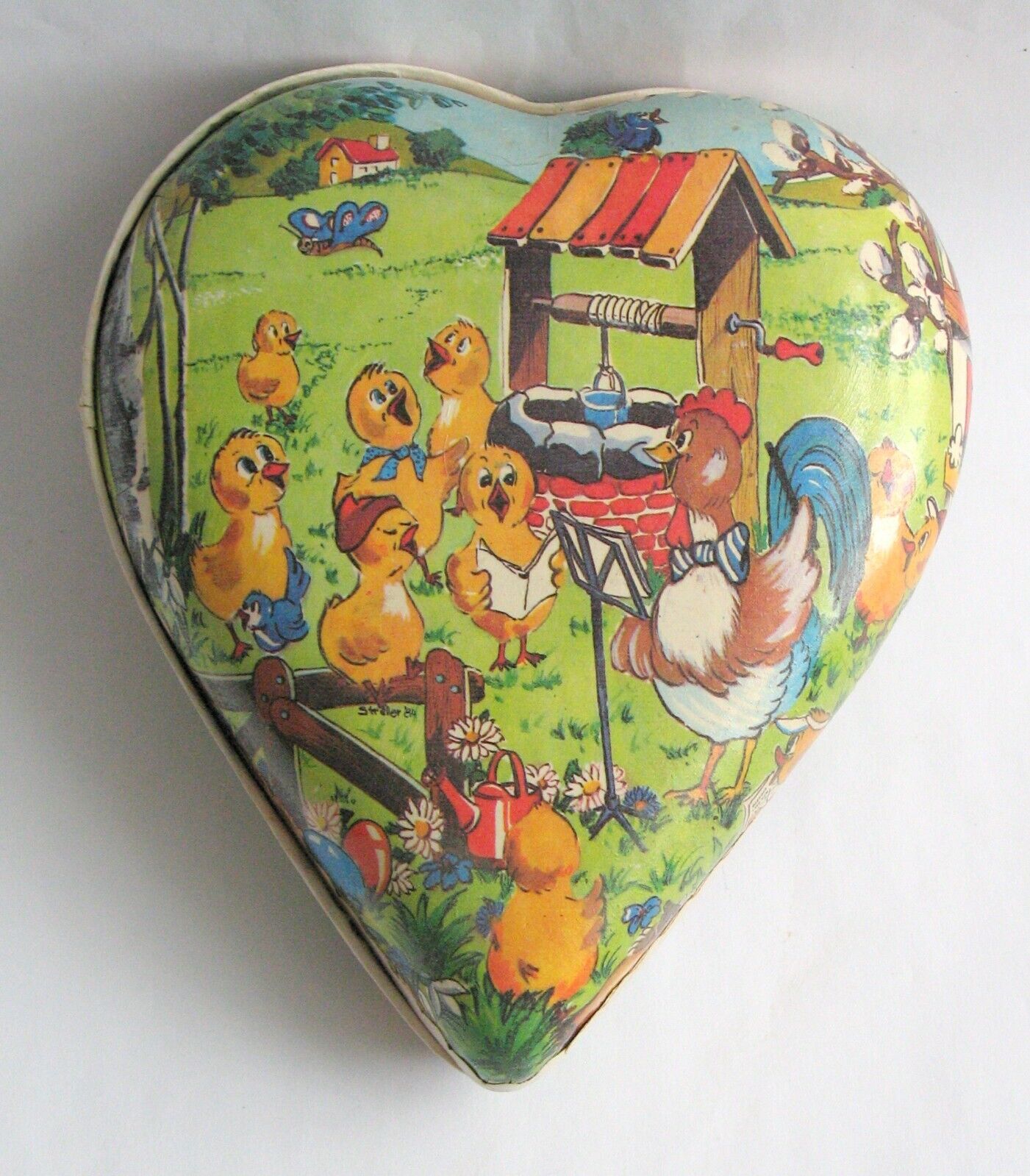 Antique German Lithographed Paper Mache Easter Heart Shaped Candy Container